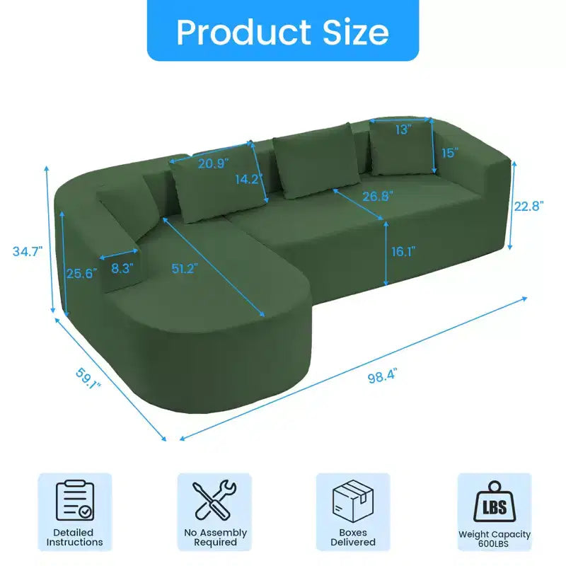 Canapé d'angle en chenille de 98 pouces avec méridienne incurvée, 3 places moderne Cloud, aucun assemblage requis