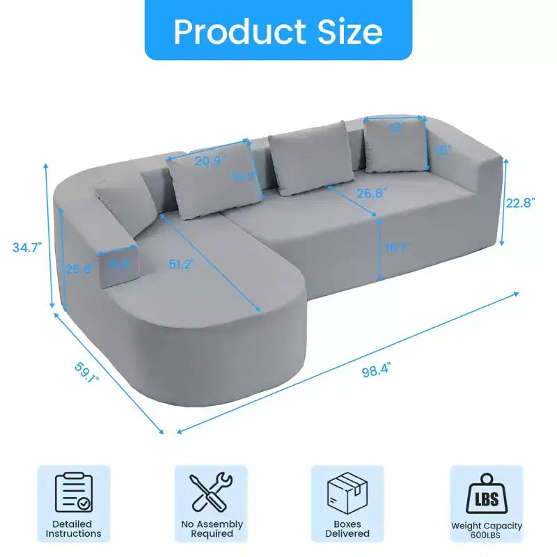 Canapé d'angle en chenille de 98 pouces avec méridienne incurvée, 3 places moderne Cloud, aucun assemblage requis