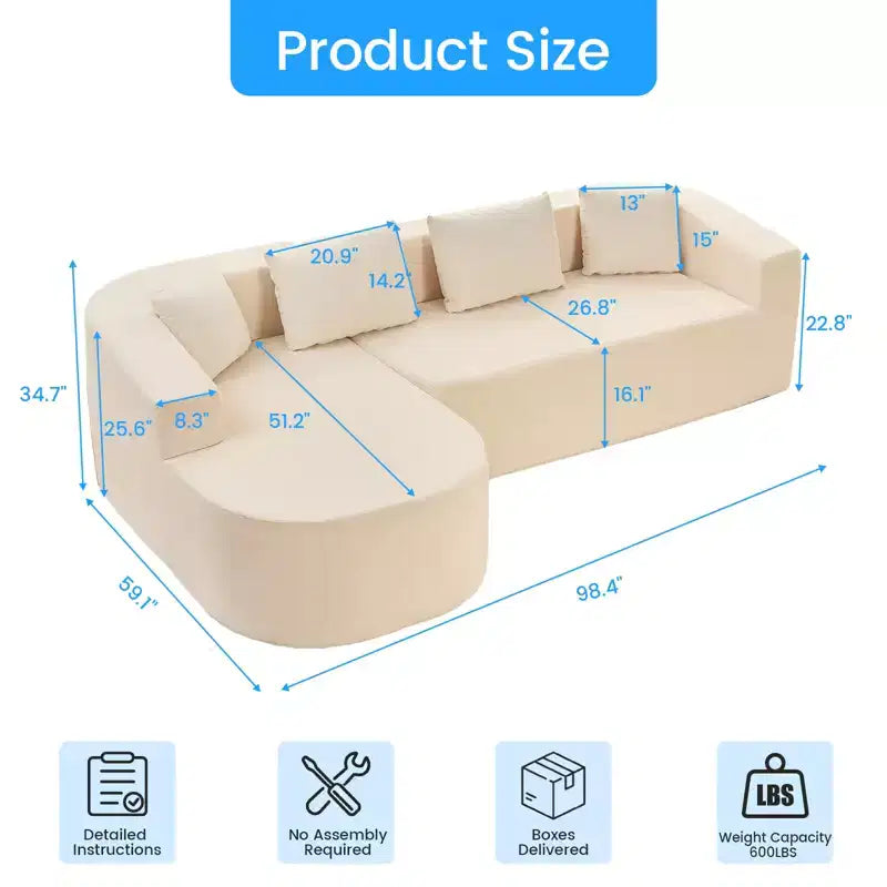 Canapé d'angle en chenille de 98 pouces avec méridienne incurvée, 3 places moderne Cloud, aucun assemblage requis