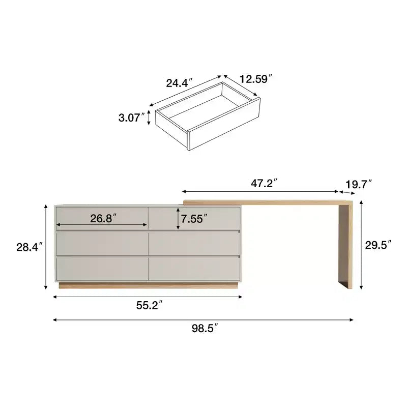 Coiffeuse escamotable, commode et armoire de rangement Mid-Century Modern, couleur bois naturel