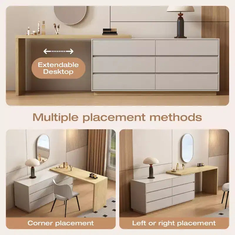 Coiffeuse escamotable, commode et armoire de rangement Mid-Century Modern, couleur bois naturel