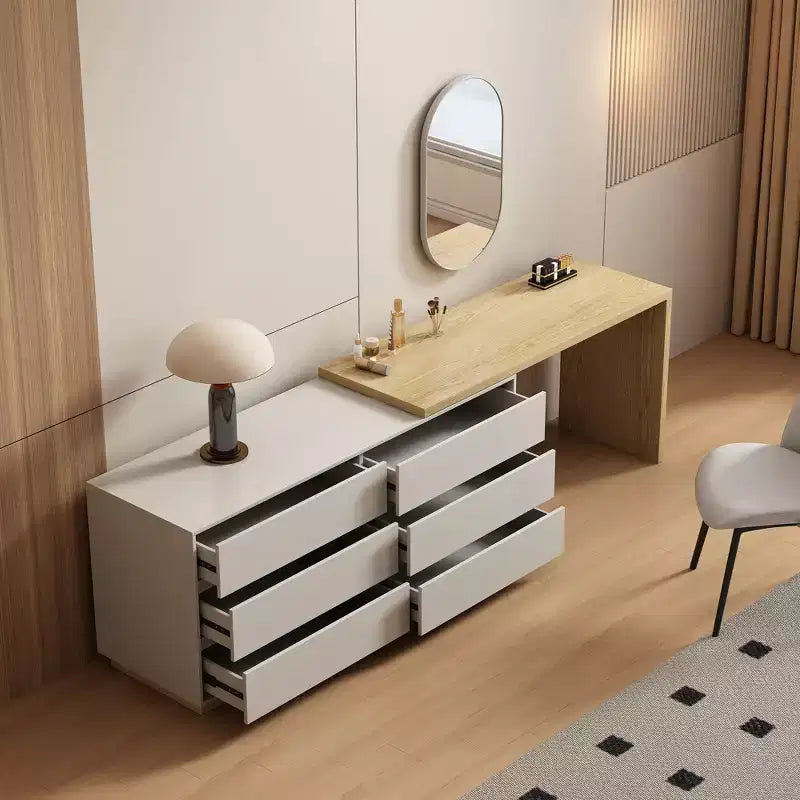 Coiffeuse escamotable, commode et armoire de rangement Mid-Century Modern, couleur bois naturel