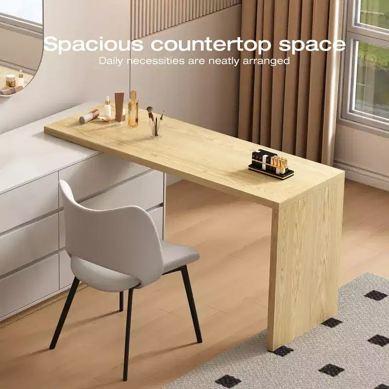 Coiffeuse escamotable, commode et armoire de rangement Mid-Century Modern, couleur bois naturel