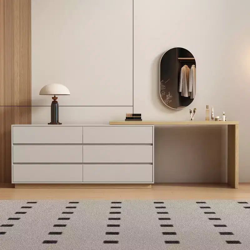 Coiffeuse escamotable, commode et armoire de rangement Mid-Century Modern, couleur bois naturel