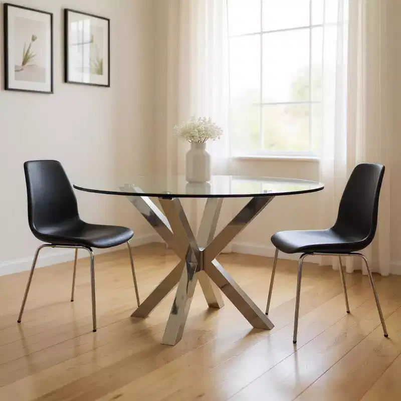 Table à manger ronde en verre transparent et métal argenté de 54 pouces, 6 places
