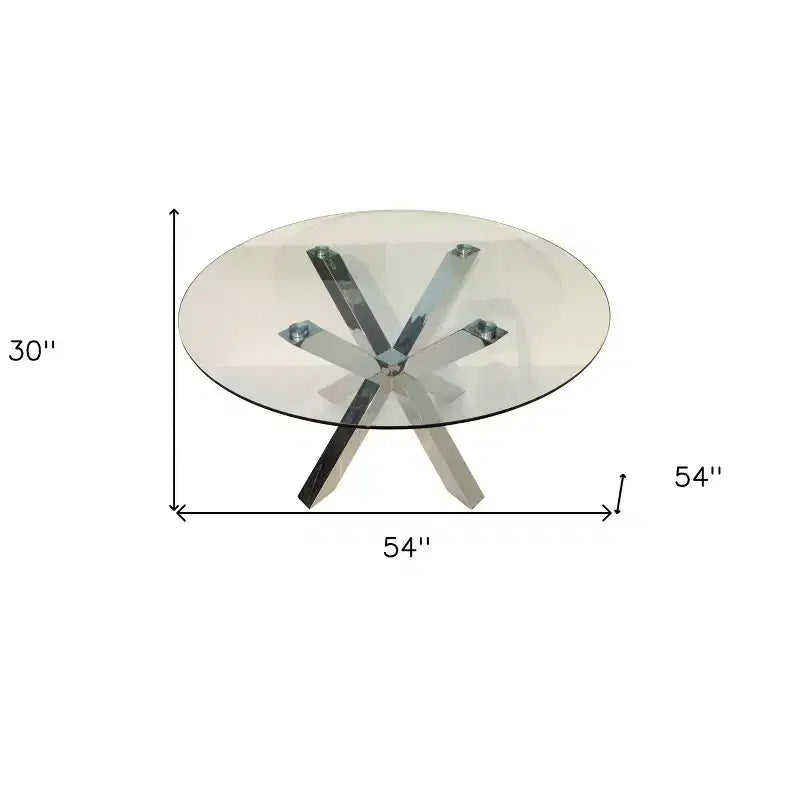 Table à manger ronde en verre transparent et métal argenté de 54 pouces, 6 places