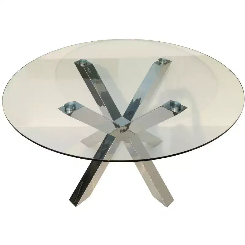 Table à manger ronde en verre transparent et métal argenté de 54 pouces, 6 places