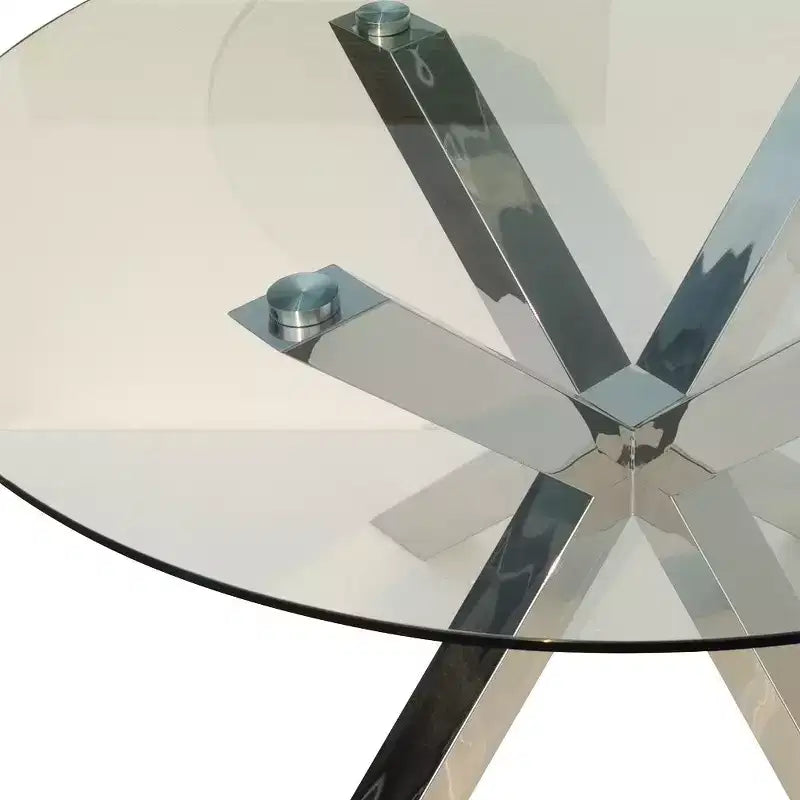 Table à manger ronde en verre transparent et métal argenté de 54 pouces, 6 places