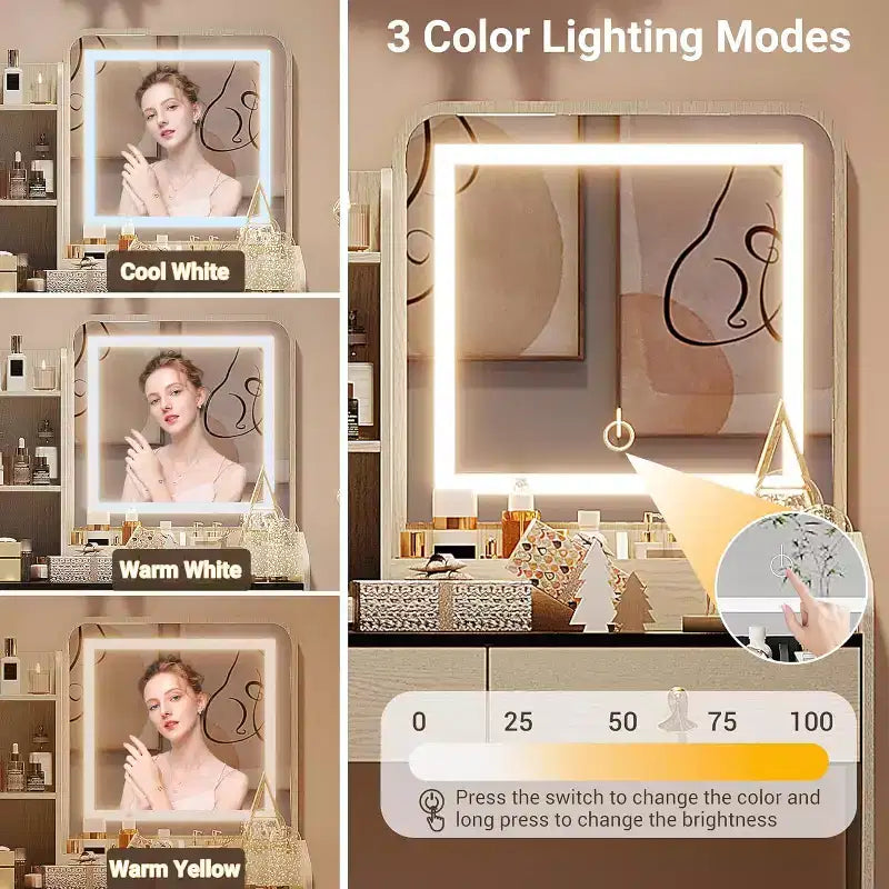Coiffeuse avec miroir lumineux LED et station de recharge, 2 tiroirs et tabouret de rangement