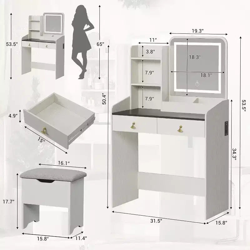 Coiffeuse avec miroir lumineux LED et station de recharge, 2 tiroirs et tabouret de rangement