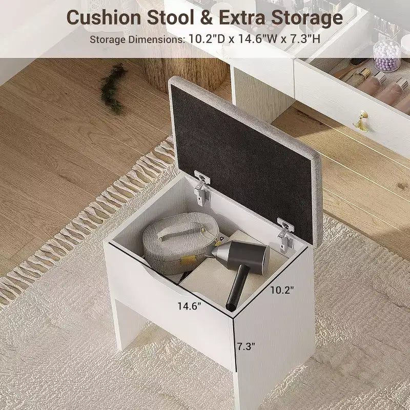 Coiffeuse avec miroir lumineux LED et station de recharge, 2 tiroirs et tabouret de rangement