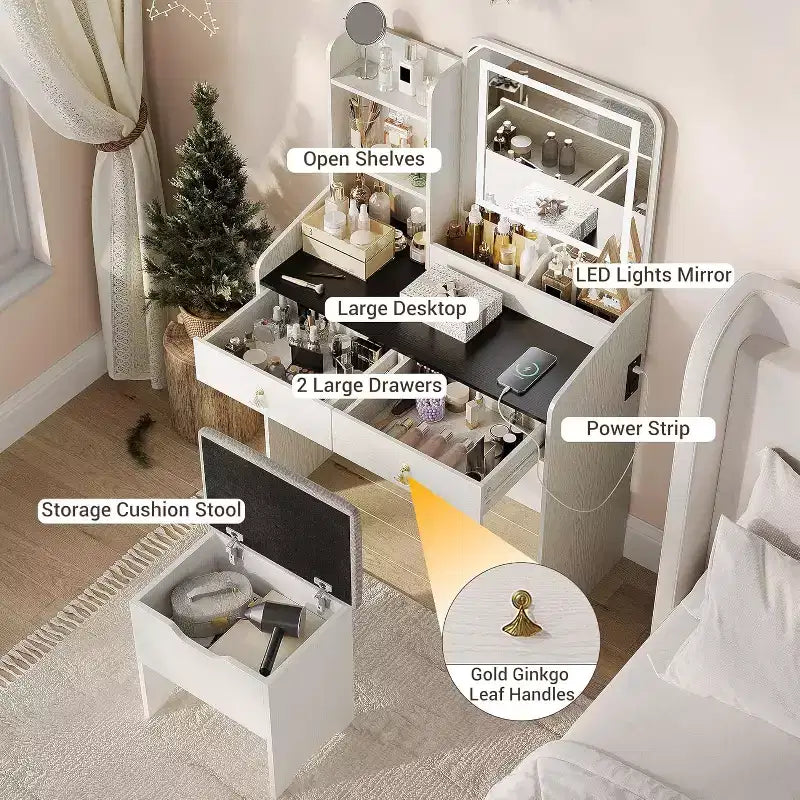 Coiffeuse avec miroir lumineux LED et station de recharge, 2 tiroirs et tabouret de rangement