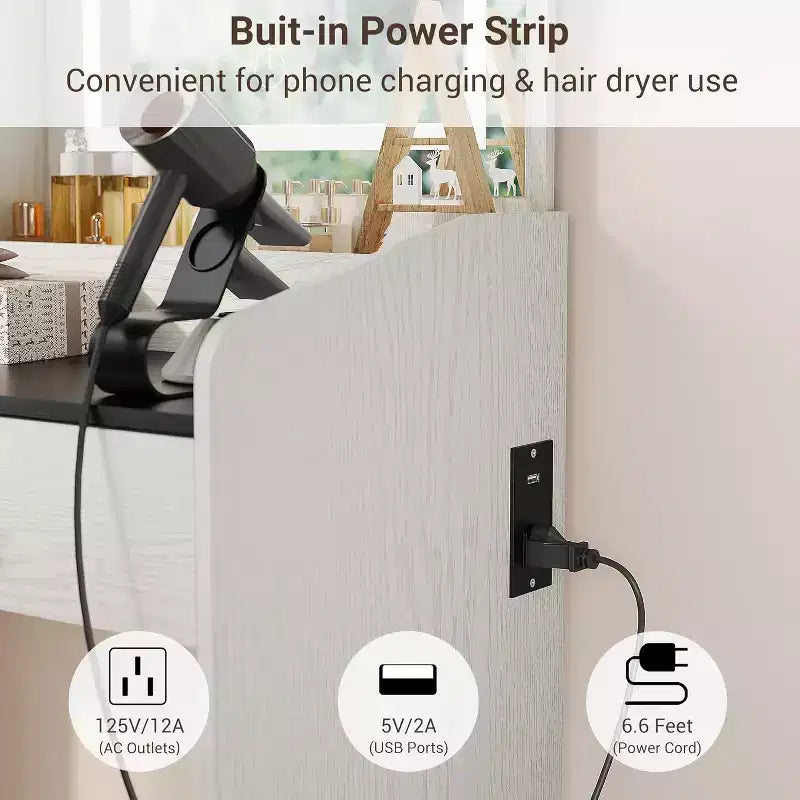 Coiffeuse avec miroir lumineux LED et station de recharge, 2 tiroirs et tabouret de rangement