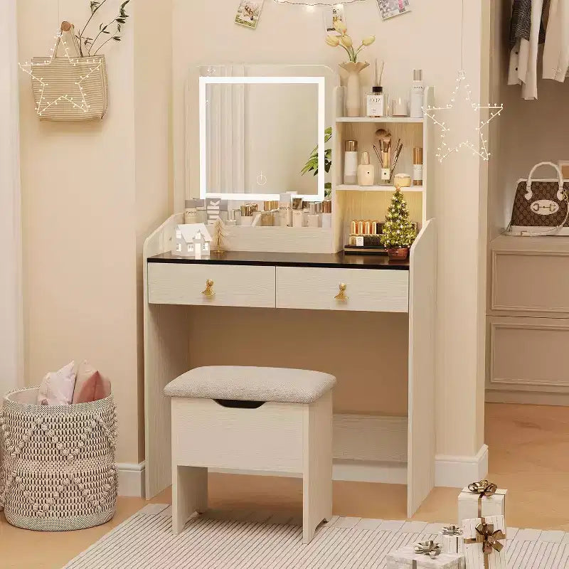 Coiffeuse avec miroir lumineux LED et station de recharge, 2 tiroirs et tabouret de rangement