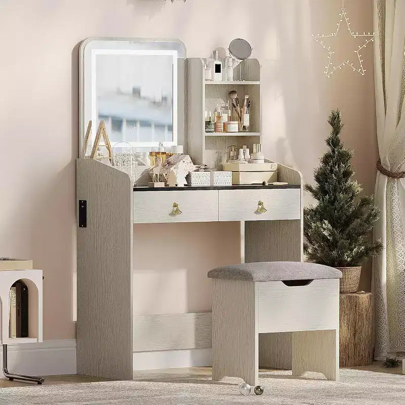 Coiffeuse avec miroir lumineux LED et station de recharge, 2 tiroirs et tabouret de rangement