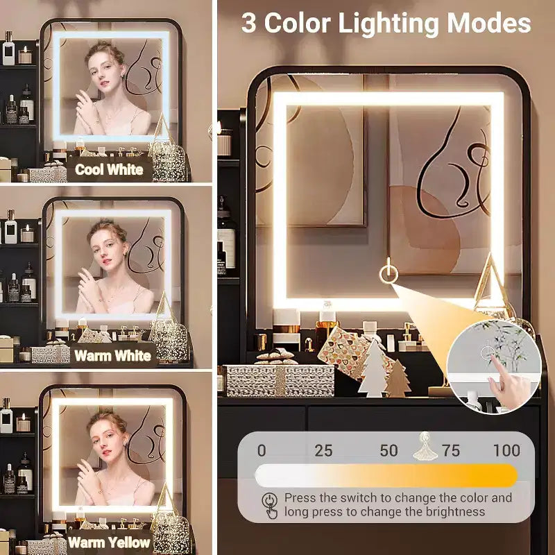 Coiffeuse avec miroir lumineux LED et station de recharge, 2 tiroirs et tabouret de rangement