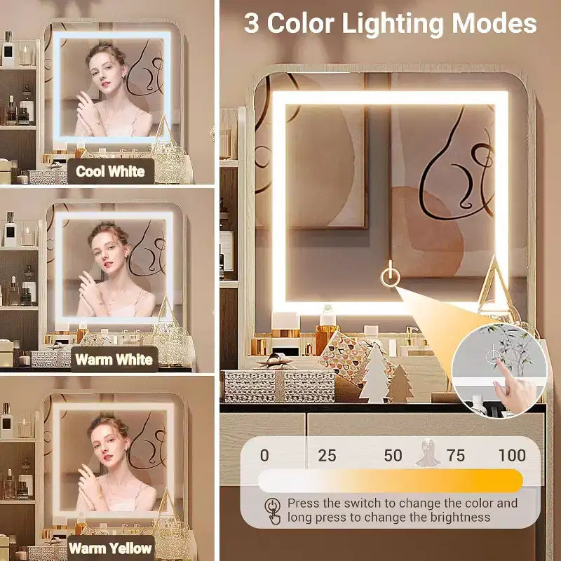 Coiffeuse avec miroir lumineux LED et station de recharge, 2 tiroirs et tabouret de rangement