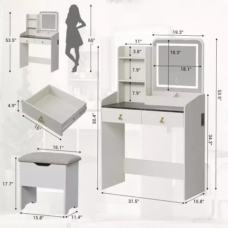 Coiffeuse avec miroir lumineux LED et station de recharge, 2 tiroirs et tabouret de rangement
