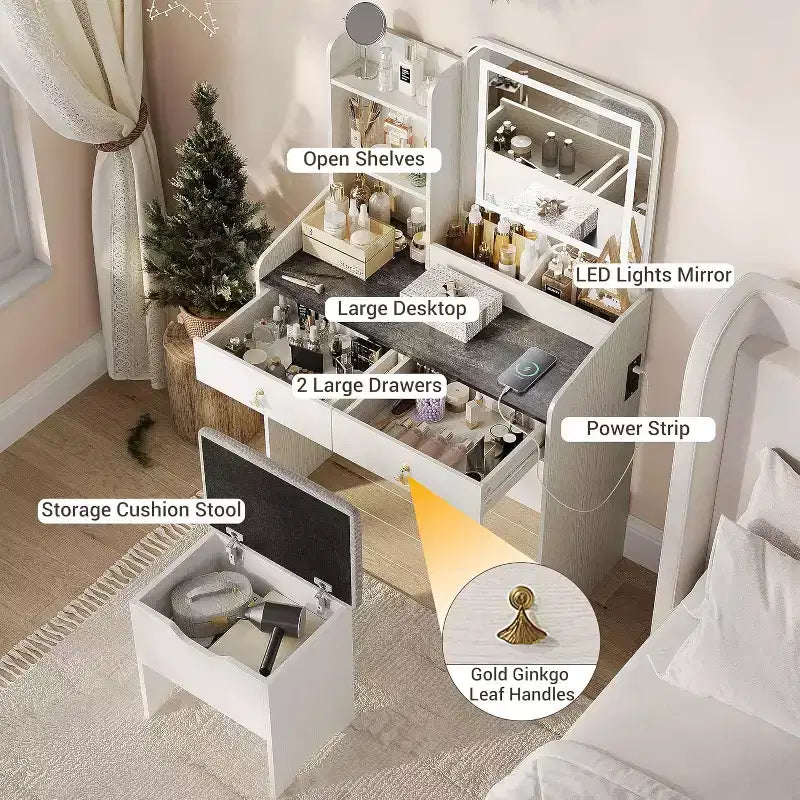 Coiffeuse avec miroir lumineux LED et station de recharge, 2 tiroirs et tabouret de rangement