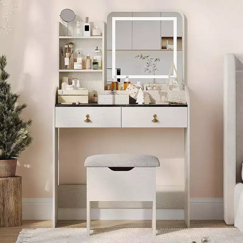 Coiffeuse avec miroir lumineux LED et station de recharge, 2 tiroirs et tabouret de rangement