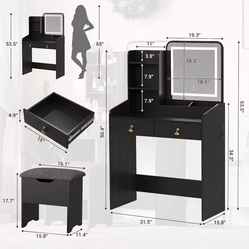Coiffeuse avec miroir lumineux LED et station de recharge, 2 tiroirs et tabouret de rangement