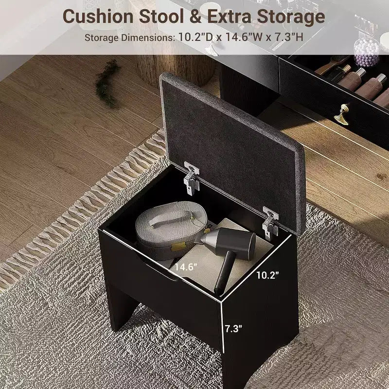 Coiffeuse avec miroir lumineux LED et station de recharge, 2 tiroirs et tabouret de rangement