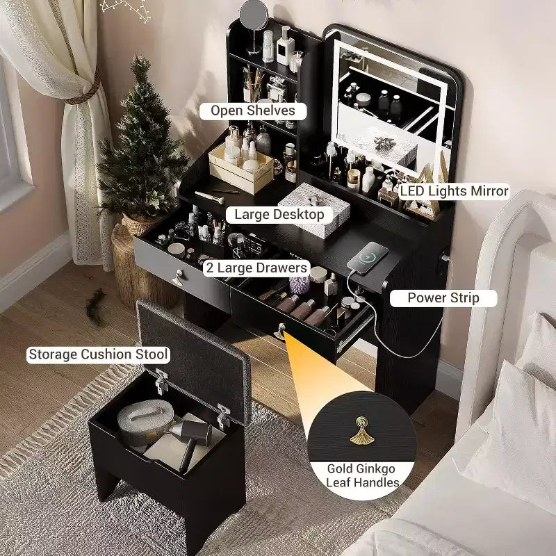 Coiffeuse avec miroir lumineux LED et station de recharge, 2 tiroirs et tabouret de rangement
