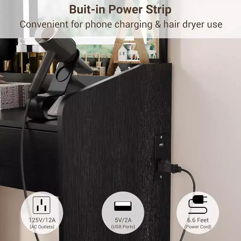 Coiffeuse avec miroir lumineux LED et station de recharge, 2 tiroirs et tabouret de rangement