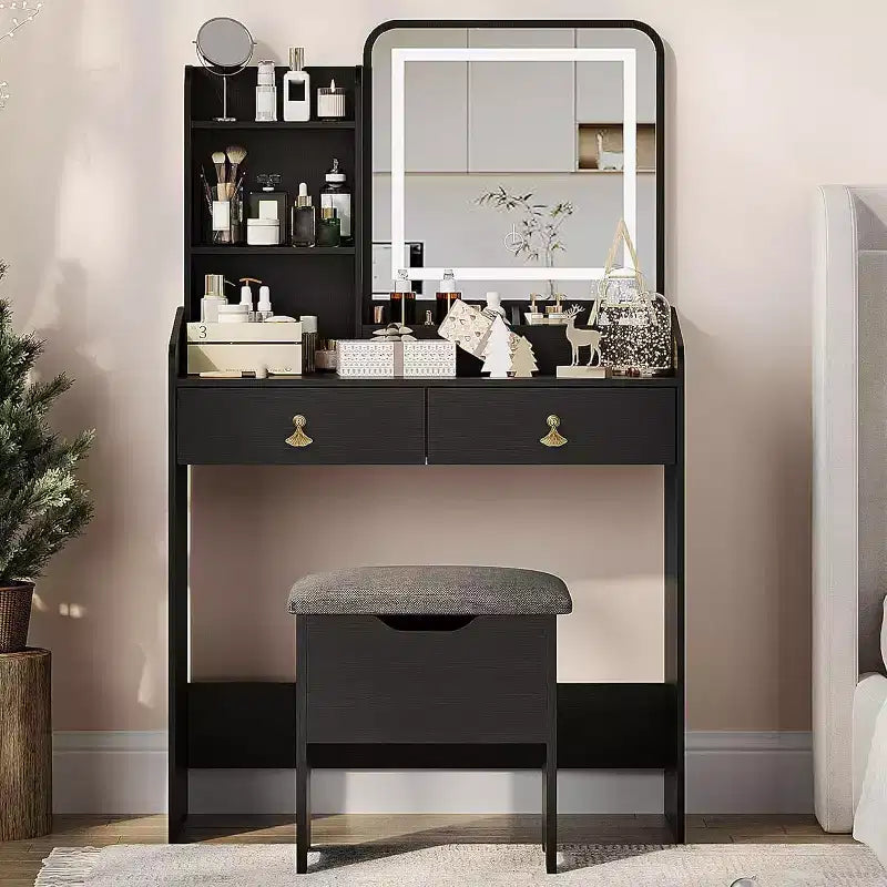 Coiffeuse avec miroir lumineux LED et station de recharge, 2 tiroirs et tabouret de rangement