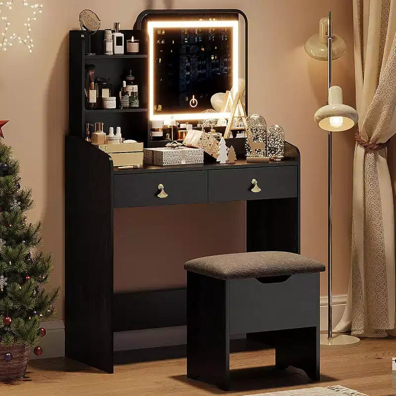 Coiffeuse avec miroir lumineux LED et station de recharge, 2 tiroirs et tabouret de rangement