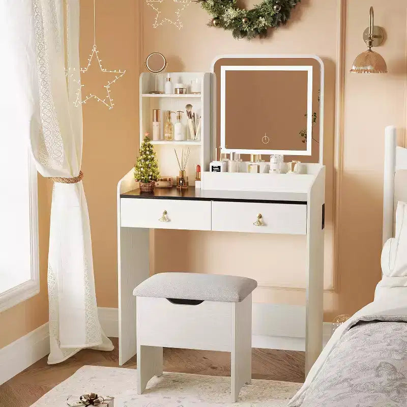 Coiffeuse avec miroir lumineux LED et station de recharge, 2 tiroirs et tabouret de rangement