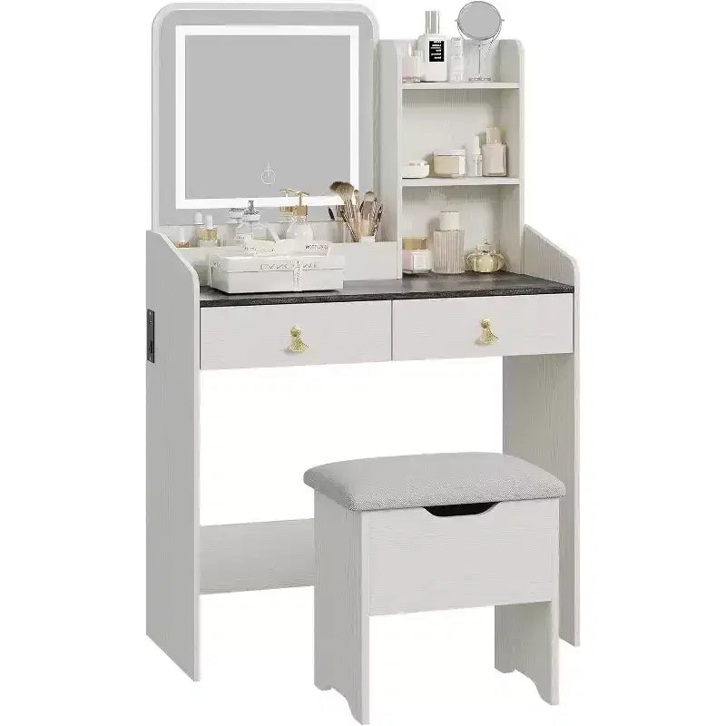 Coiffeuse avec miroir lumineux LED et station de recharge, 2 tiroirs et tabouret de rangement