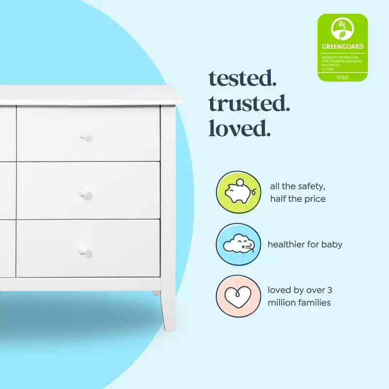 Commode 6 tiroirs pour chambre de bébé, bois de pin massif, certifiée GREENGUARD Gold