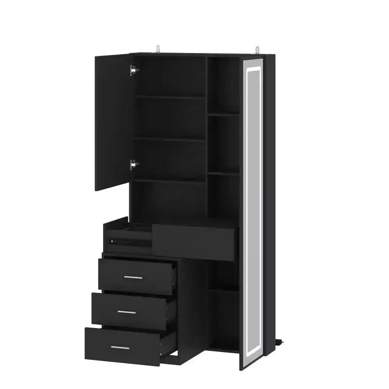 Meuble-lavabo avec miroir LED pleine grandeur et tiroirs divisés, organisateur de maquillage de chambre à coucher, blanc/noir/rose