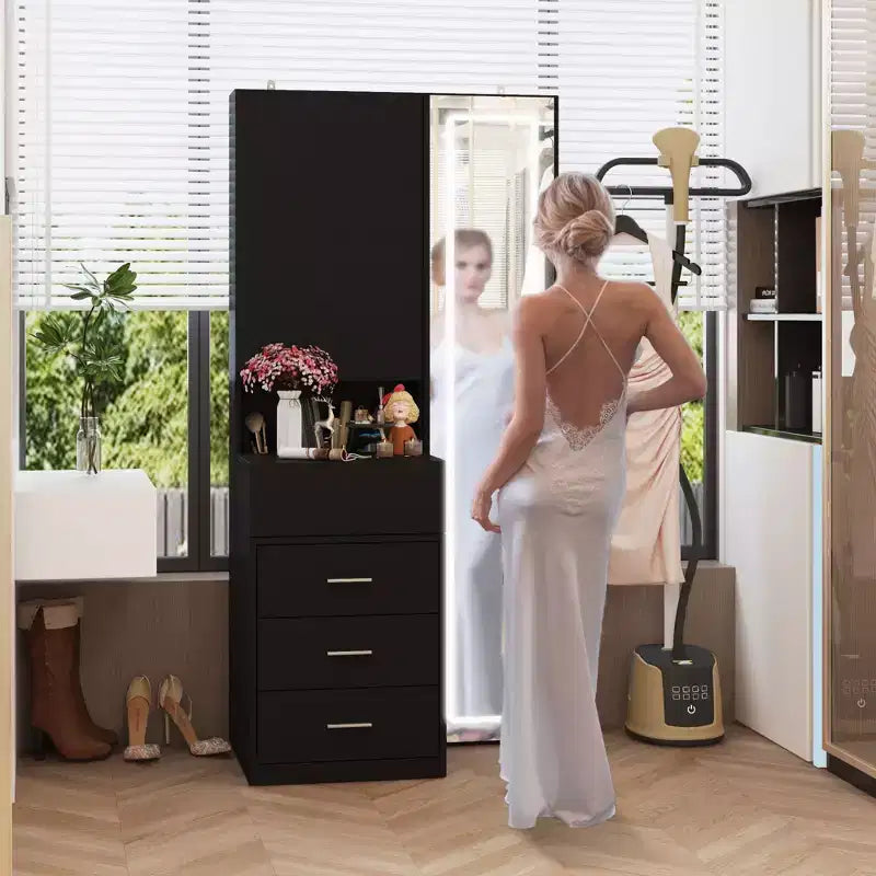 Meuble-lavabo avec miroir LED pleine grandeur et tiroirs divisés, organisateur de maquillage de chambre à coucher, blanc/noir/rose