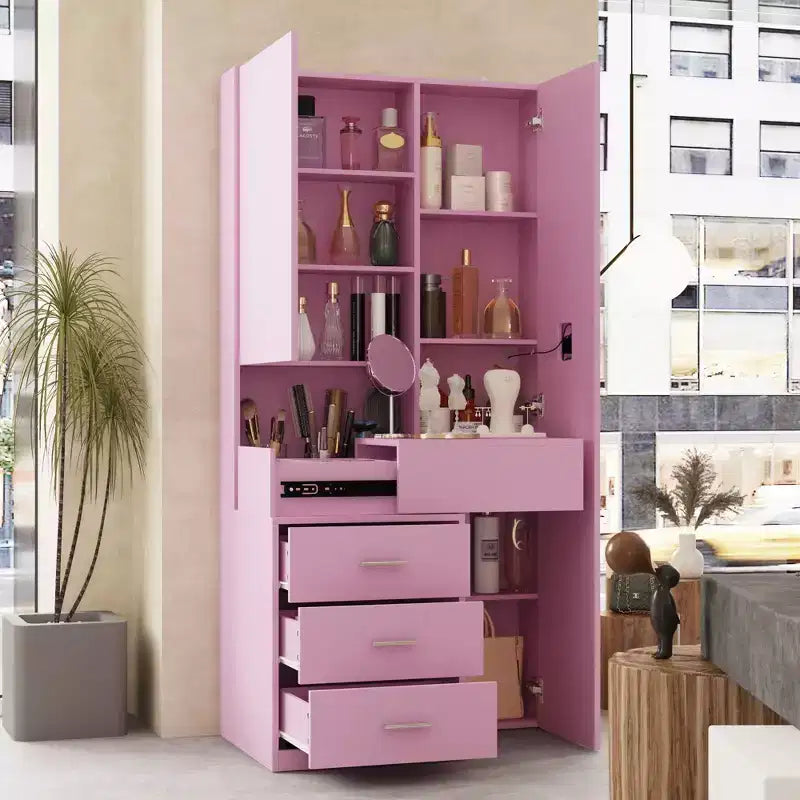 Meuble-lavabo avec miroir LED pleine grandeur et tiroirs divisés, organisateur de maquillage de chambre à coucher, blanc/noir/rose