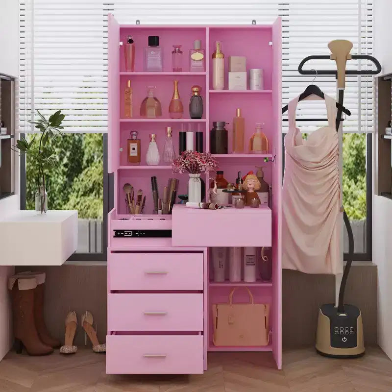 Meuble-lavabo avec miroir LED pleine grandeur et tiroirs divisés, organisateur de maquillage de chambre à coucher, blanc/noir/rose