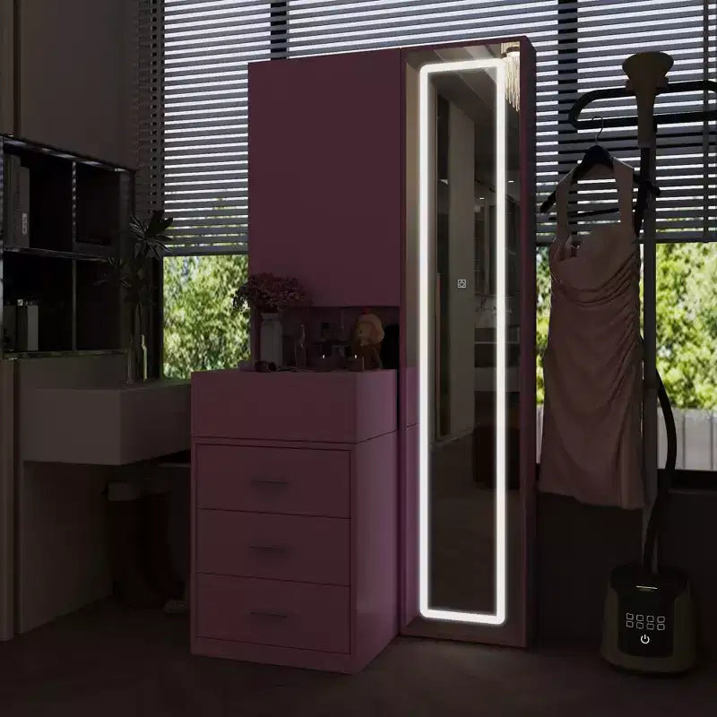 Meuble-lavabo avec miroir LED pleine grandeur et tiroirs divisés, organisateur de maquillage de chambre à coucher, blanc/noir/rose