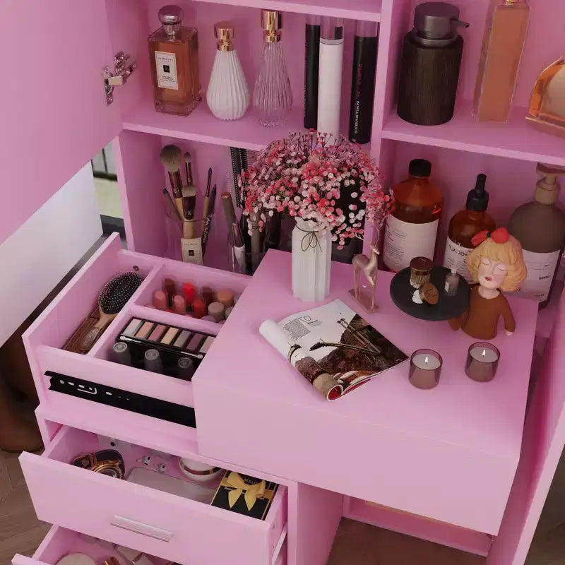 Meuble-lavabo avec miroir LED pleine grandeur et tiroirs divisés, organisateur de maquillage de chambre à coucher, blanc/noir/rose