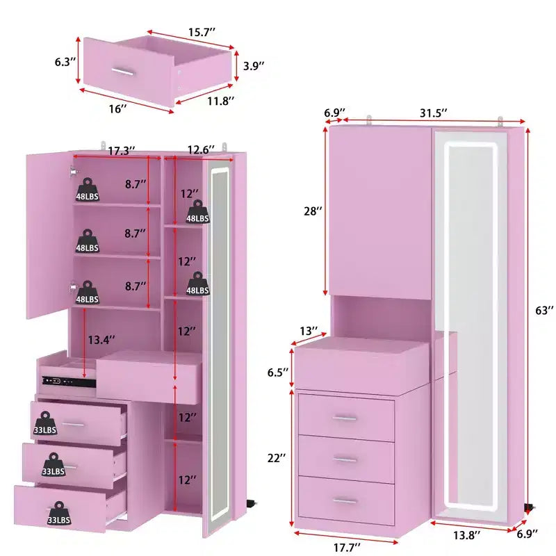 Meuble-lavabo avec miroir LED pleine grandeur et tiroirs divisés, organisateur de maquillage de chambre à coucher, blanc/noir/rose