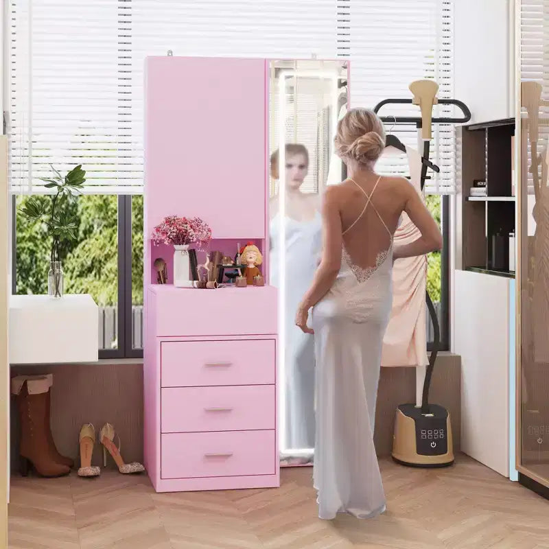 Meuble-lavabo avec miroir LED pleine grandeur et tiroirs divisés, organisateur de maquillage de chambre à coucher, blanc/noir/rose