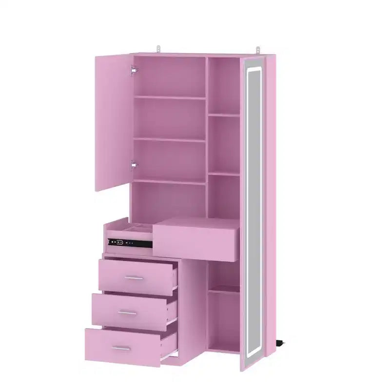 Meuble-lavabo avec miroir LED pleine grandeur et tiroirs divisés, organisateur de maquillage de chambre à coucher, blanc/noir/rose