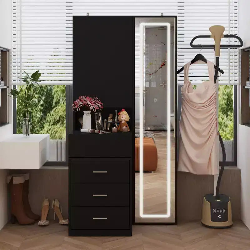 Meuble-lavabo avec miroir LED pleine grandeur et tiroirs divisés, organisateur de maquillage de chambre à coucher, blanc/noir/rose