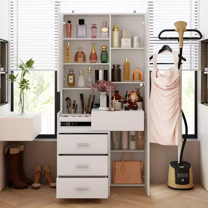 Meuble-lavabo avec miroir LED pleine grandeur et tiroirs divisés, organisateur de maquillage de chambre à coucher, blanc/noir/rose