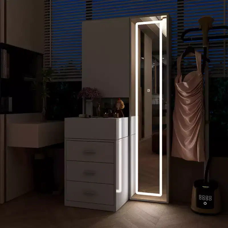 Meuble-lavabo avec miroir LED pleine grandeur et tiroirs divisés, organisateur de maquillage de chambre à coucher, blanc/noir/rose