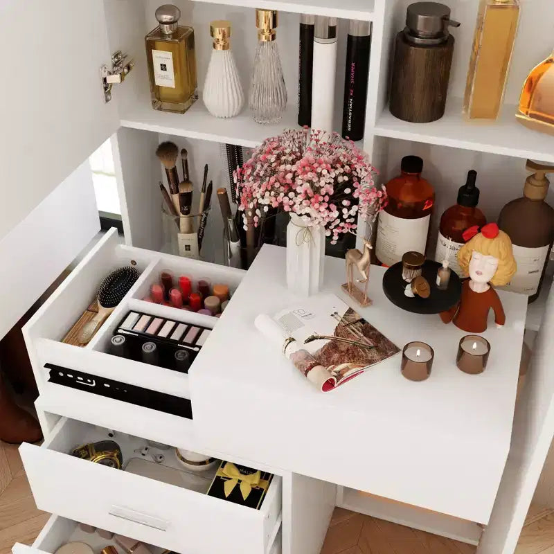 Meuble-lavabo avec miroir LED pleine grandeur et tiroirs divisés, organisateur de maquillage de chambre à coucher, blanc/noir/rose
