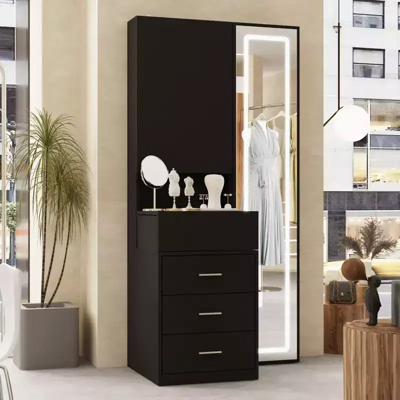 Meuble-lavabo avec miroir LED pleine grandeur et tiroirs divisés, organisateur de maquillage de chambre à coucher, blanc/noir/rose