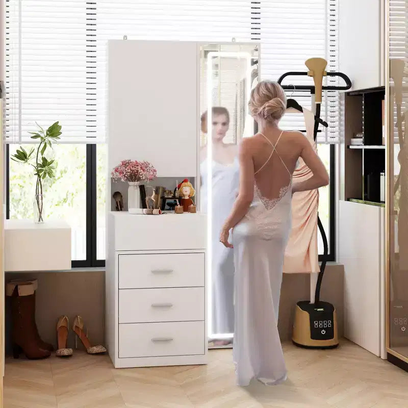 Meuble-lavabo avec miroir LED pleine grandeur et tiroirs divisés, organisateur de maquillage de chambre à coucher, blanc/noir/rose