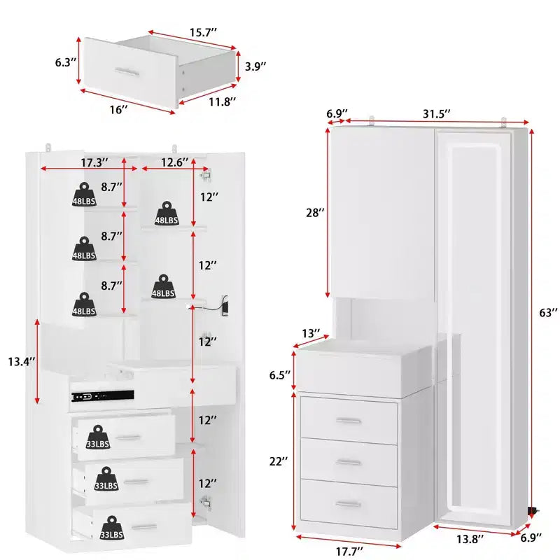 Meuble-lavabo avec miroir LED pleine grandeur et tiroirs divisés, organisateur de maquillage de chambre à coucher, blanc/noir/rose