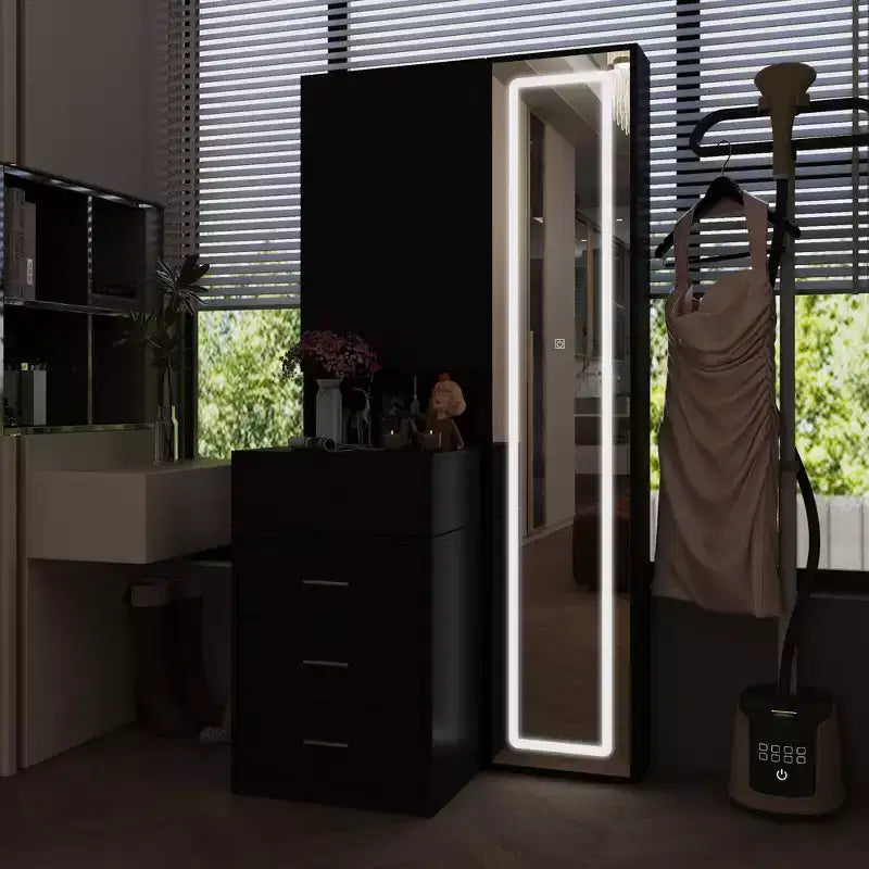 Meuble-lavabo avec miroir LED pleine grandeur et tiroirs divisés, organisateur de maquillage de chambre à coucher, blanc/noir/rose